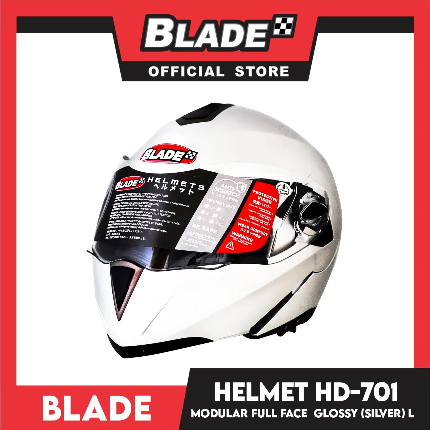 Blade Helmet Modular Full Face HD-701 Glossy Silver Large