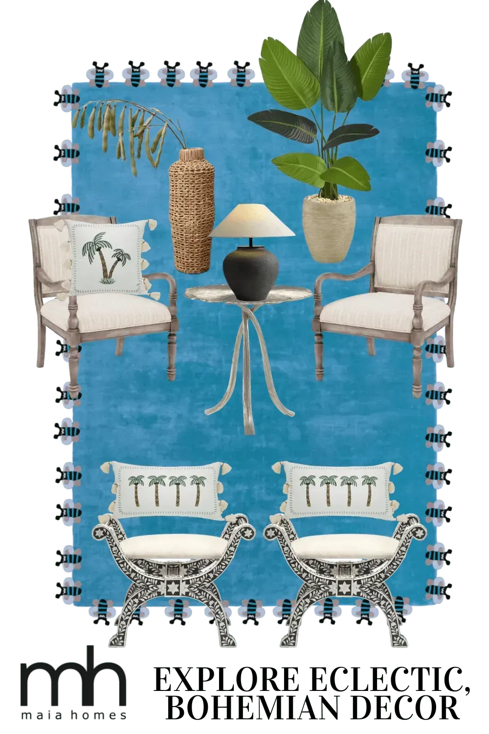 Blue Bees Love Hand Tufted Wool Rug