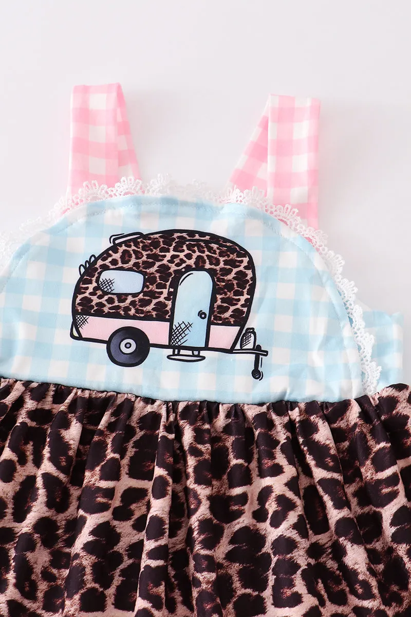 Blue plaid leopard camper dress