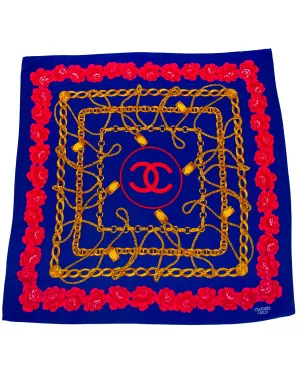 Blue Silk Scarf with Flower and Chain Details