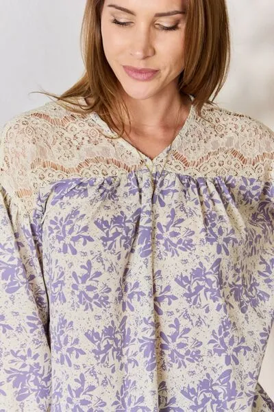 Bradley Full Size Lace Detail Printed Blouse