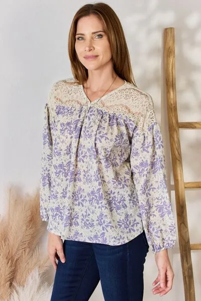 Bradley Full Size Lace Detail Printed Blouse