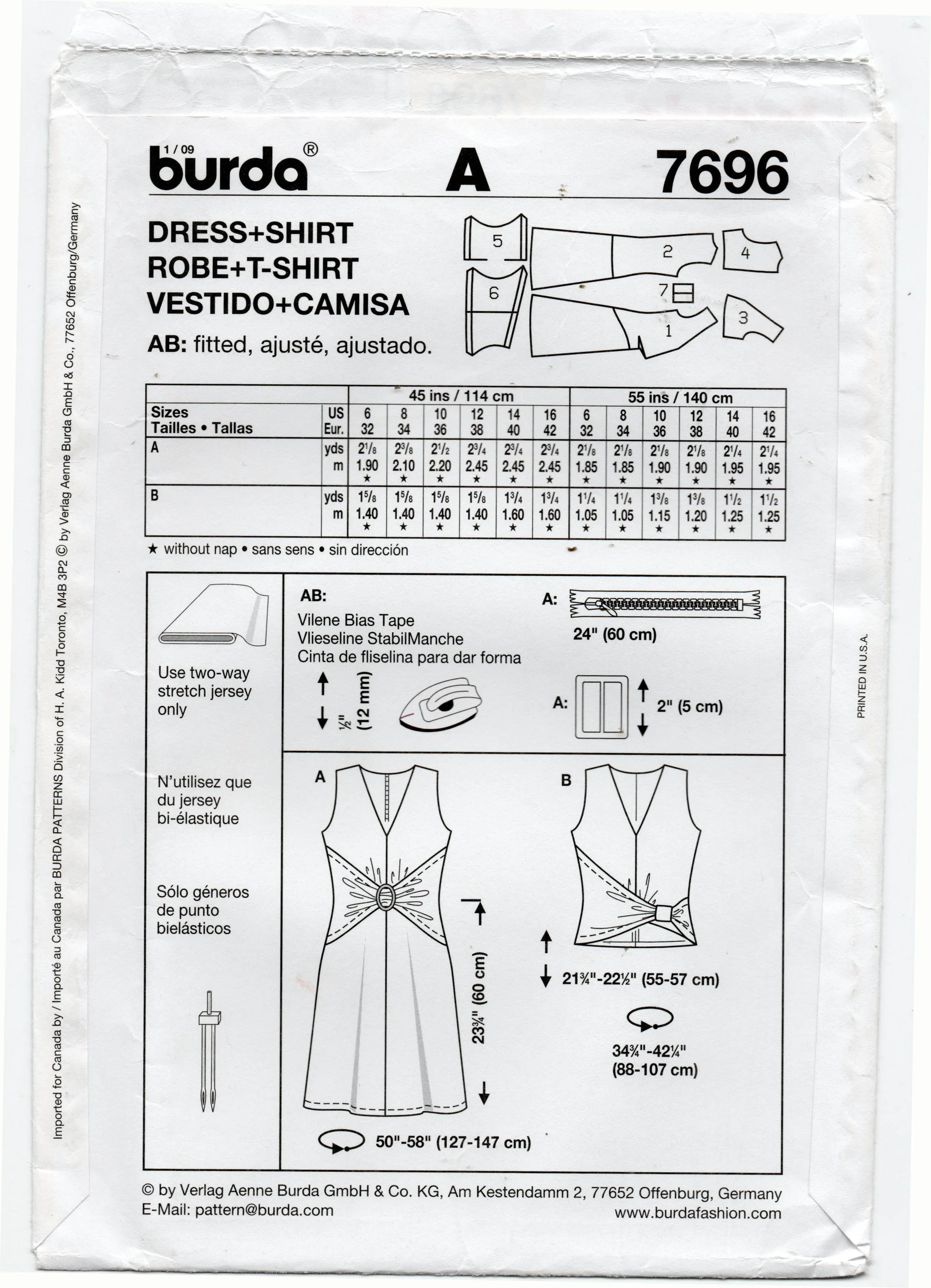 Burda 7696 Womens Stretch Drape Front Dress & Top Out Of Print Sewing Pattern Sizes 6 - 16 UNCUT Factory Folded