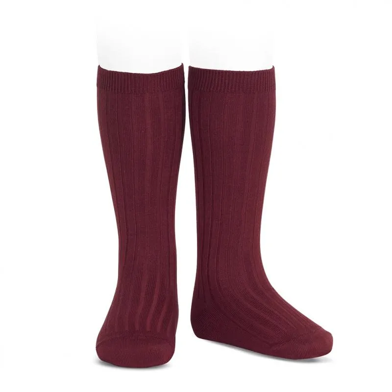 Burgundy Wide Ribbed Knee High Socks