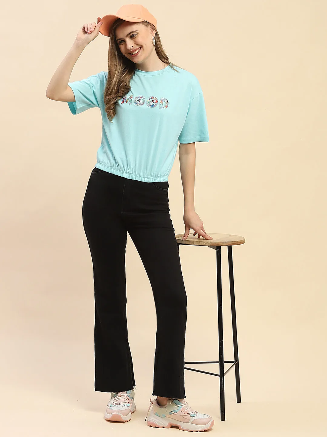 Camla Barcelona Embellished Typography Sky Blue Elasticated Waist T-Shrit