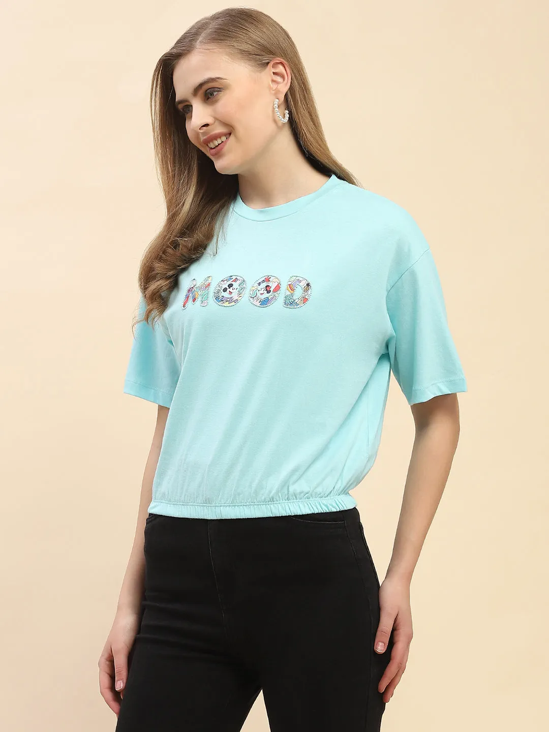 Camla Barcelona Embellished Typography Sky Blue Elasticated Waist T-Shrit