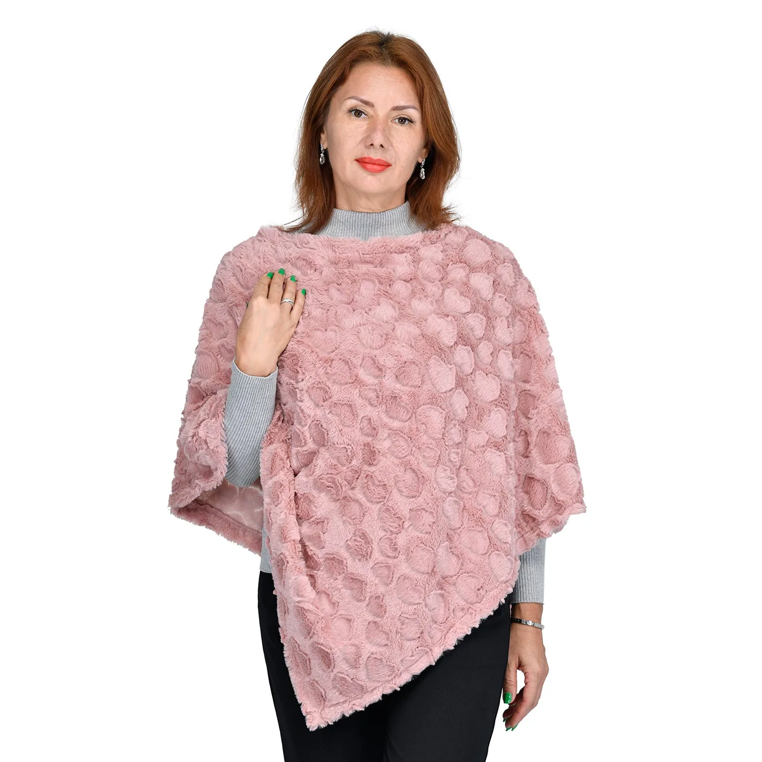 Comfy, Cozy & Fashionable HEART Pattern Faux Fur Poncho - One Size Fits Most ( LIGHT PINK )