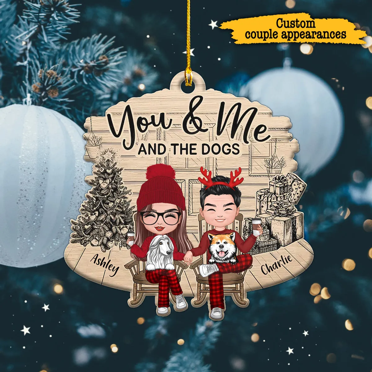 Couple And The Dogs Front Porch Personalized Christmas Ornament
