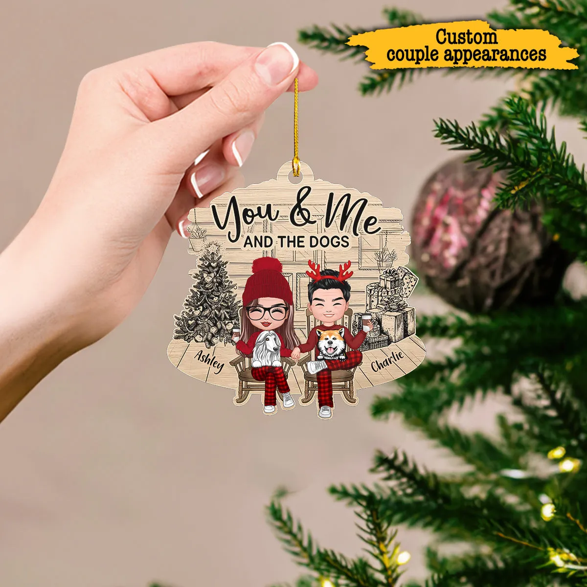 Couple And The Dogs Front Porch Personalized Christmas Ornament