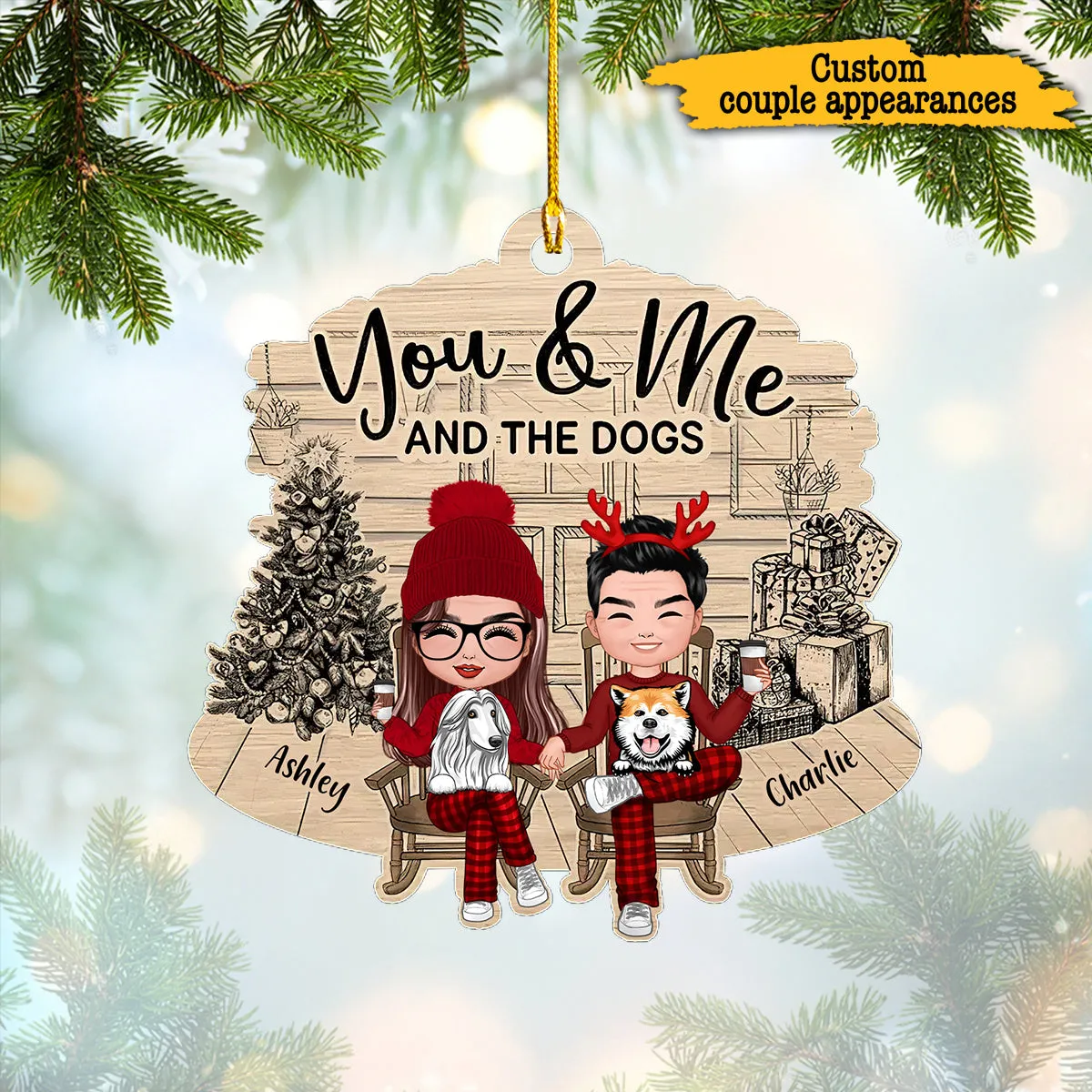Couple And The Dogs Front Porch Personalized Christmas Ornament