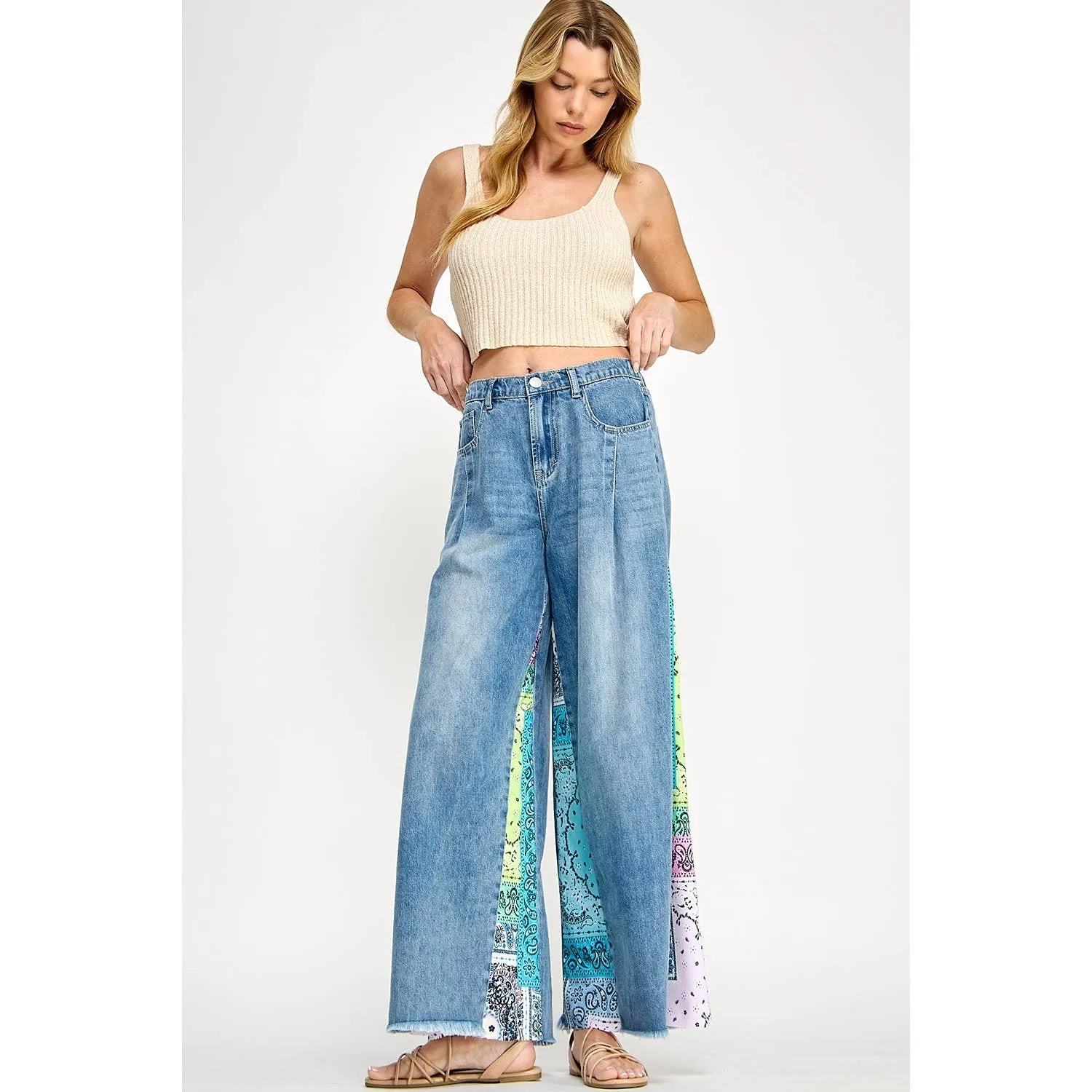 Denim and Paisley Palazzo Pants