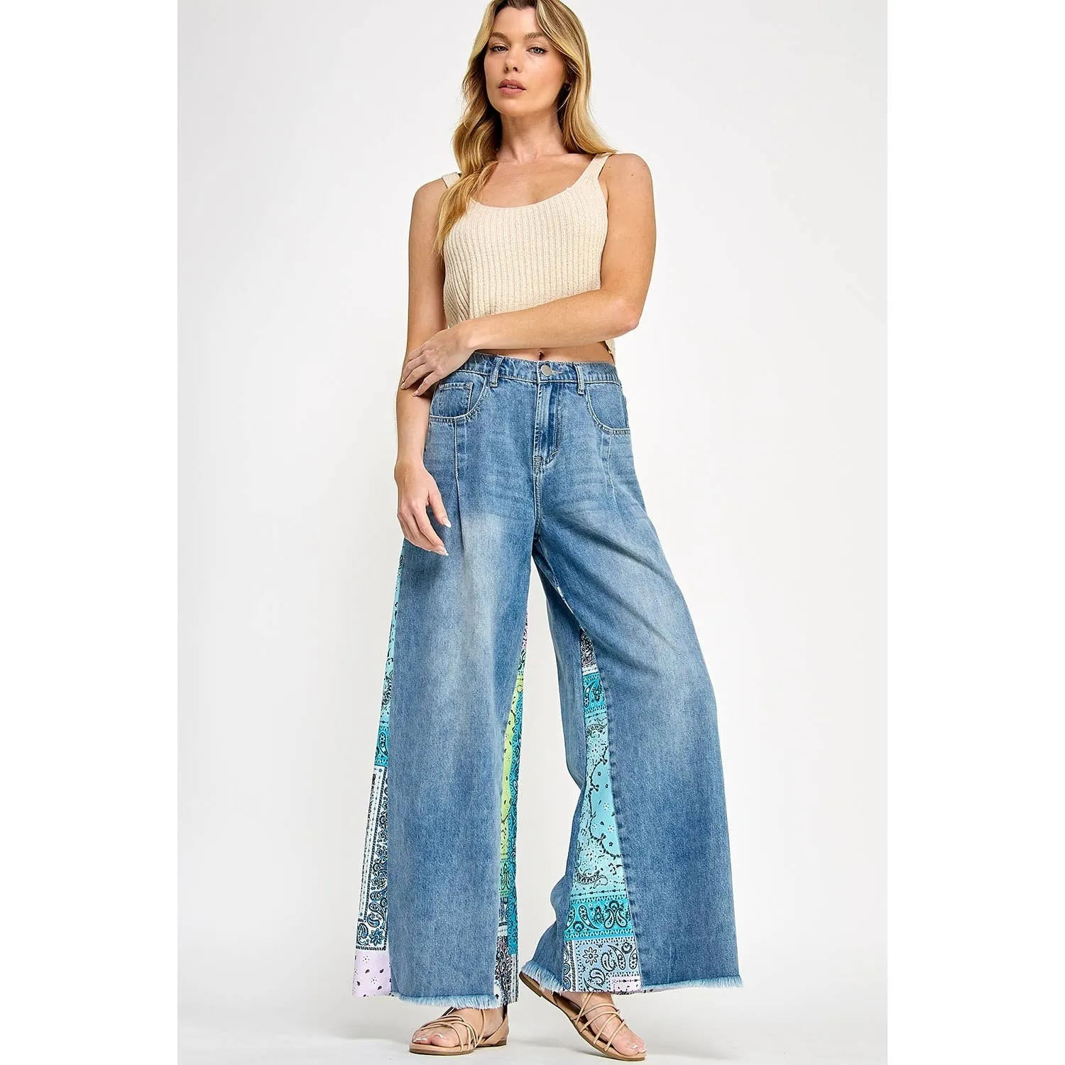 Denim and Paisley Palazzo Pants