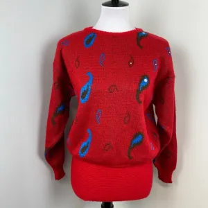 Diane Von Furstenberg Vintage 80s Red Wool Balloon Sleeve Paisley Sweater Small