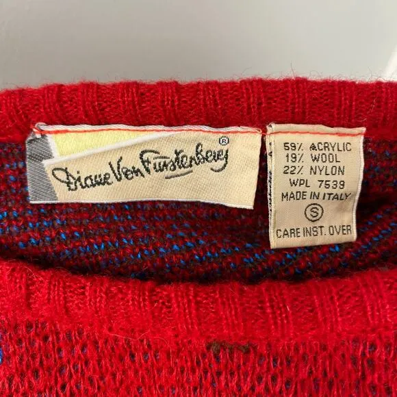Diane Von Furstenberg Vintage 80s Red Wool Balloon Sleeve Paisley Sweater Small