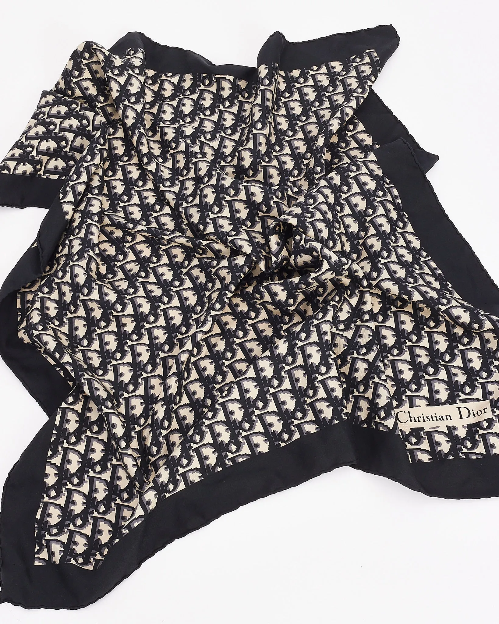 Dior Vintage Navy Oblique Logo Silk Square Scarf