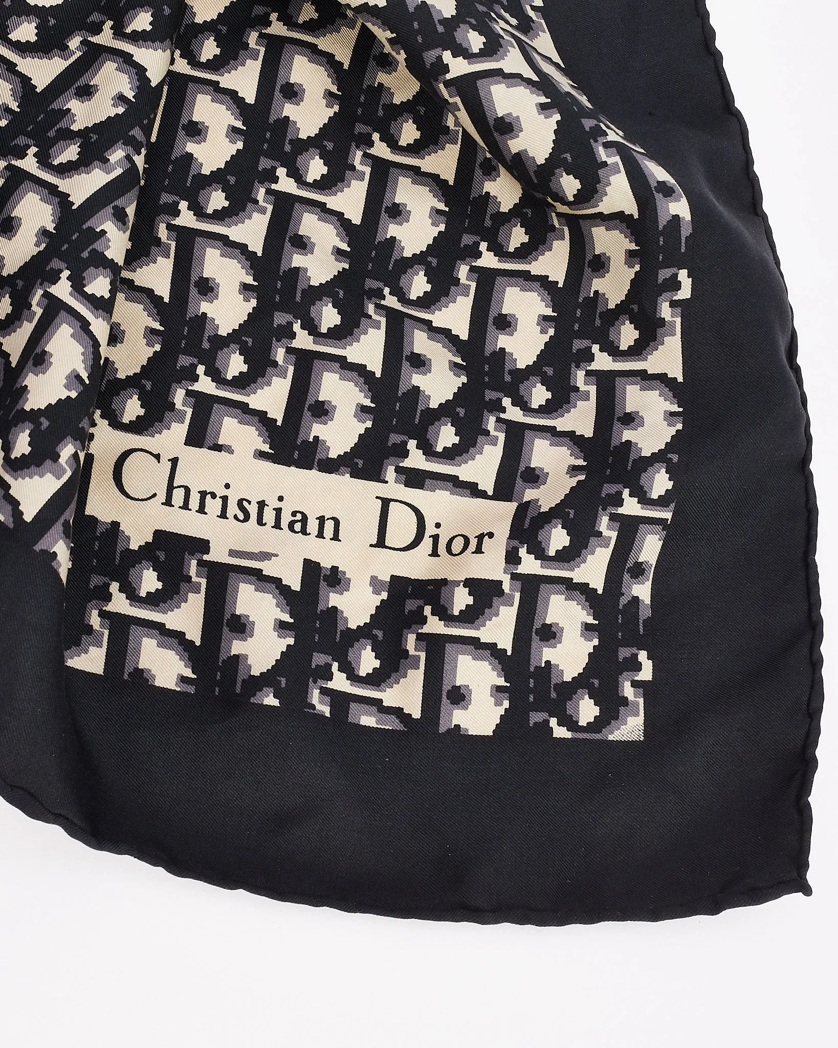 Dior Vintage Navy Oblique Logo Silk Square Scarf