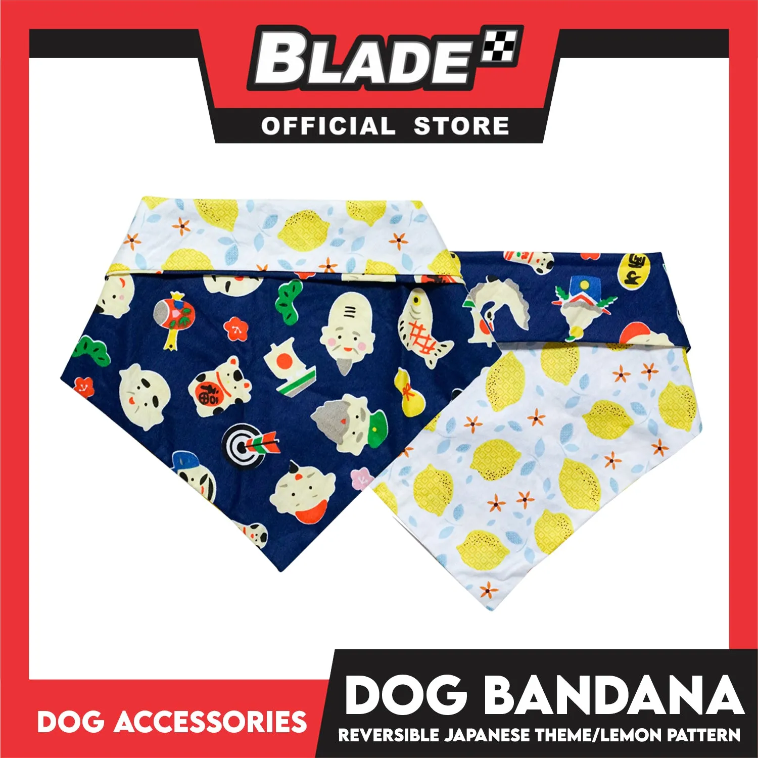 Dog Pet Bandana (Medium) Reversible Japanese Theme/Lemon Pattern Washable Scarf