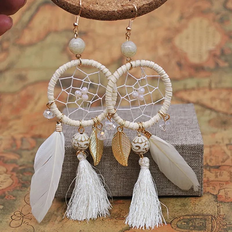 Dream Catcher Feather Earrings Simple Wool Tassel Wild Temperament Earrings