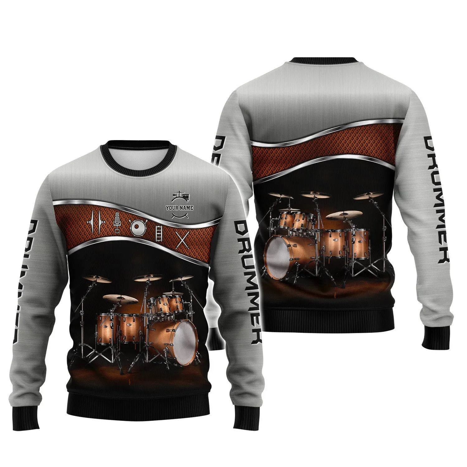 Drummer Shirt Brown Drums Personalized Name 3D Zipper Hoodie, 3D Hoodie Tshirt