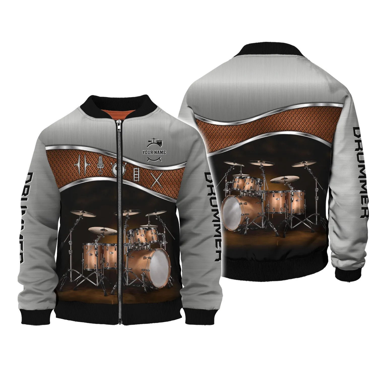 Drummer Shirt Brown Drums Personalized Name 3D Zipper Hoodie, 3D Hoodie Tshirt