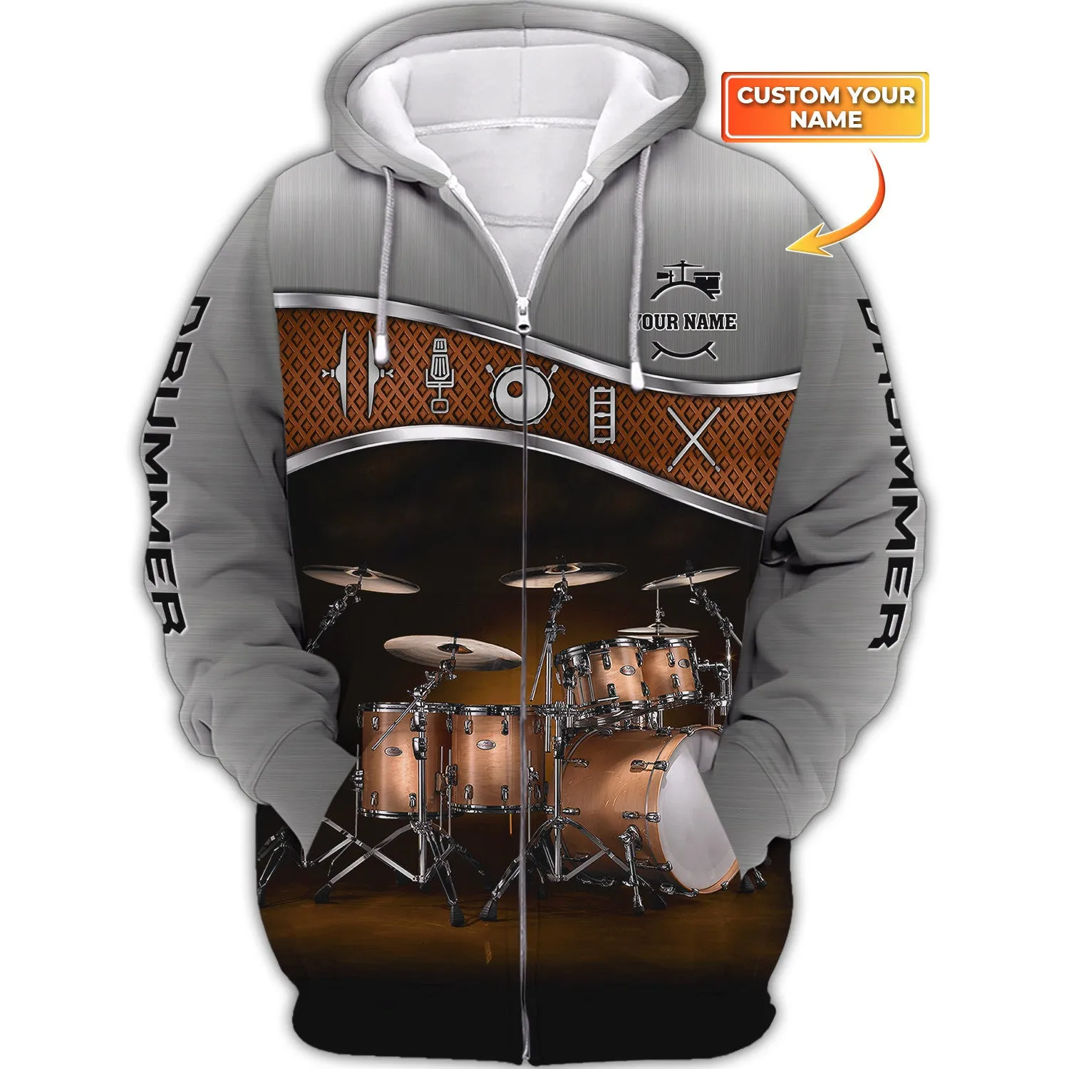 Drummer Shirt Brown Drums Personalized Name 3D Zipper Hoodie, 3D Hoodie Tshirt