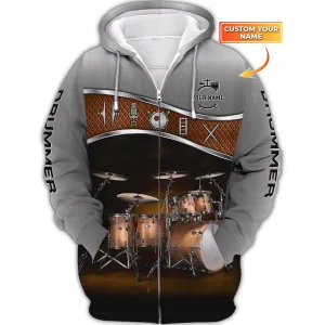 Drummer Shirt Brown Drums Personalized Name 3D Zipper Hoodie, 3D Hoodie Tshirt