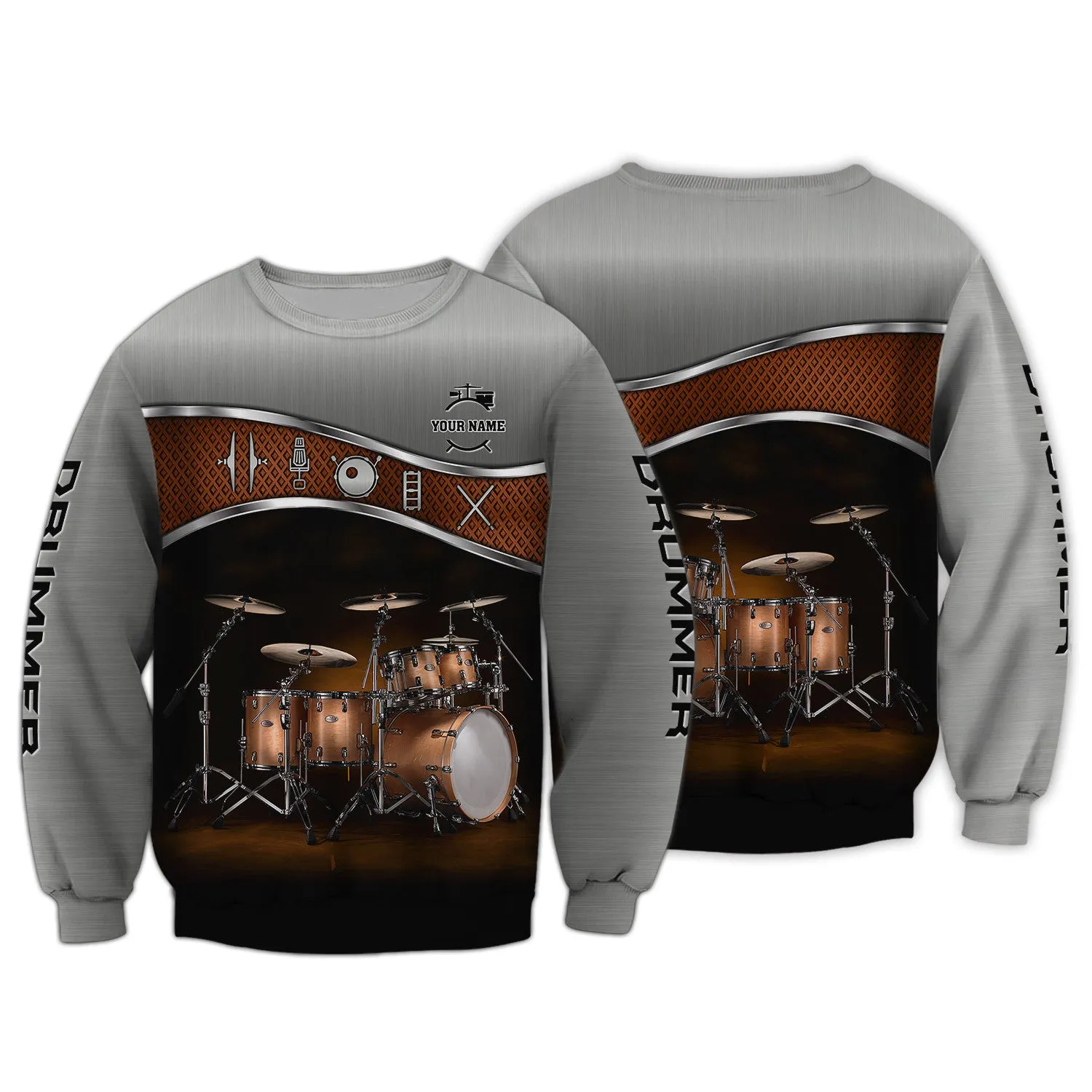 Drummer Shirt Brown Drums Personalized Name 3D Zipper Hoodie, 3D Hoodie Tshirt