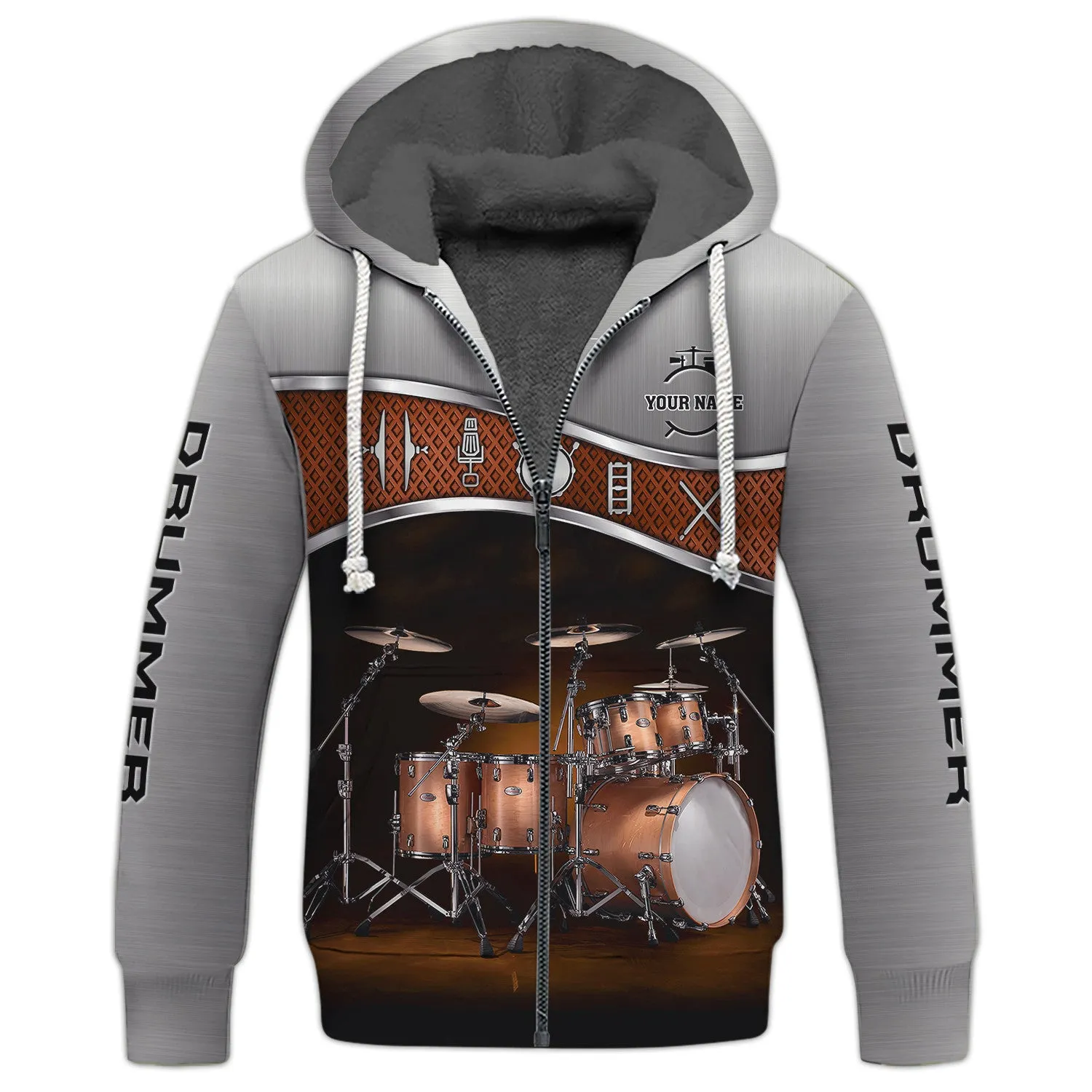 Drummer Shirt Brown Drums Personalized Name 3D Zipper Hoodie, 3D Hoodie Tshirt