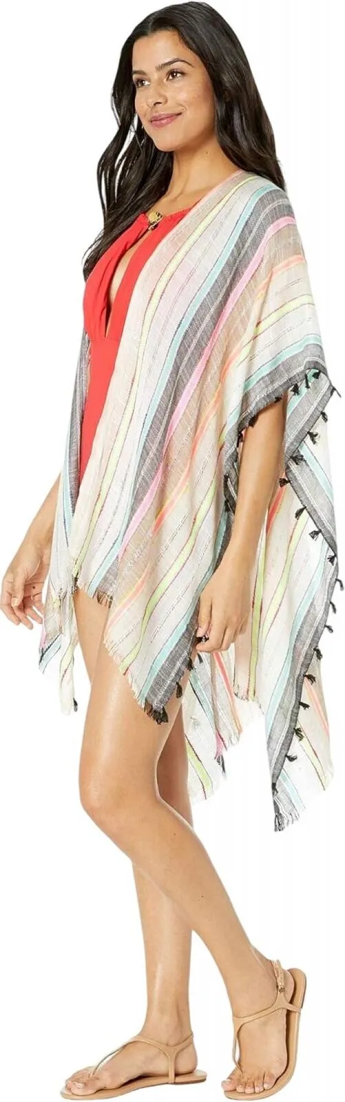 Echo Womens Boardwalk Tasseled Striped Ruana Shawl EO0158 Multicolor Brown OS