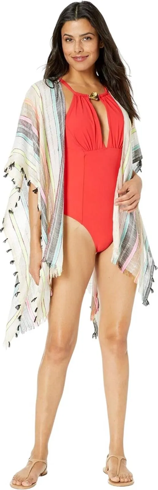 Echo Womens Boardwalk Tasseled Striped Ruana Shawl EO0158 Multicolor Brown OS