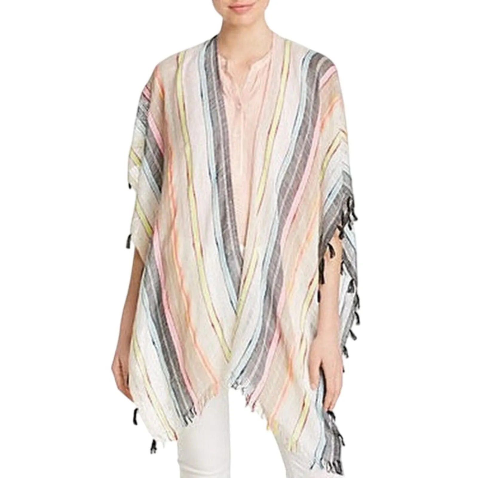 Echo Womens Boardwalk Tasseled Striped Ruana Shawl EO0158 Multicolor Brown OS