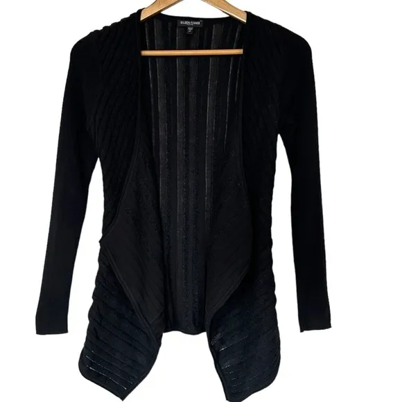 Eileen Fisher Black Felt Ladder Wool Mohair Drape Front Cardigan Size PP