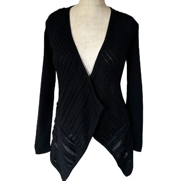 Eileen Fisher Black Felt Ladder Wool Mohair Drape Front Cardigan Size PP