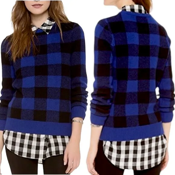 EQUIPMENT 100% Wool Sweater Check Plaid Preppy Varsity Ivy League Blue Black