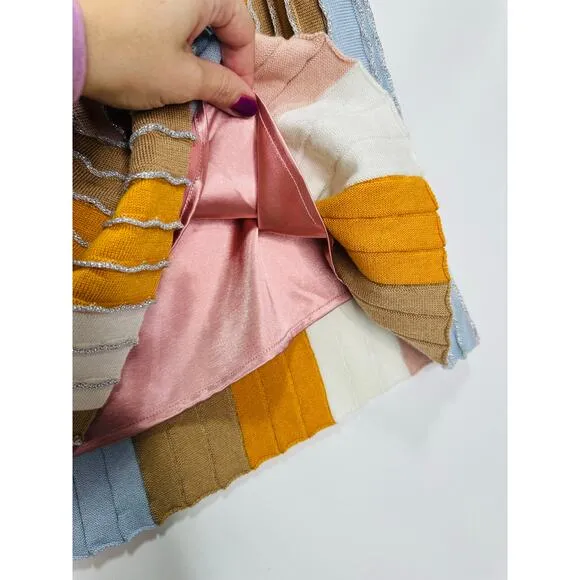 EVA FRANCO Pleated Knit Mini Skirt Metallic Pastel Stripe size Large