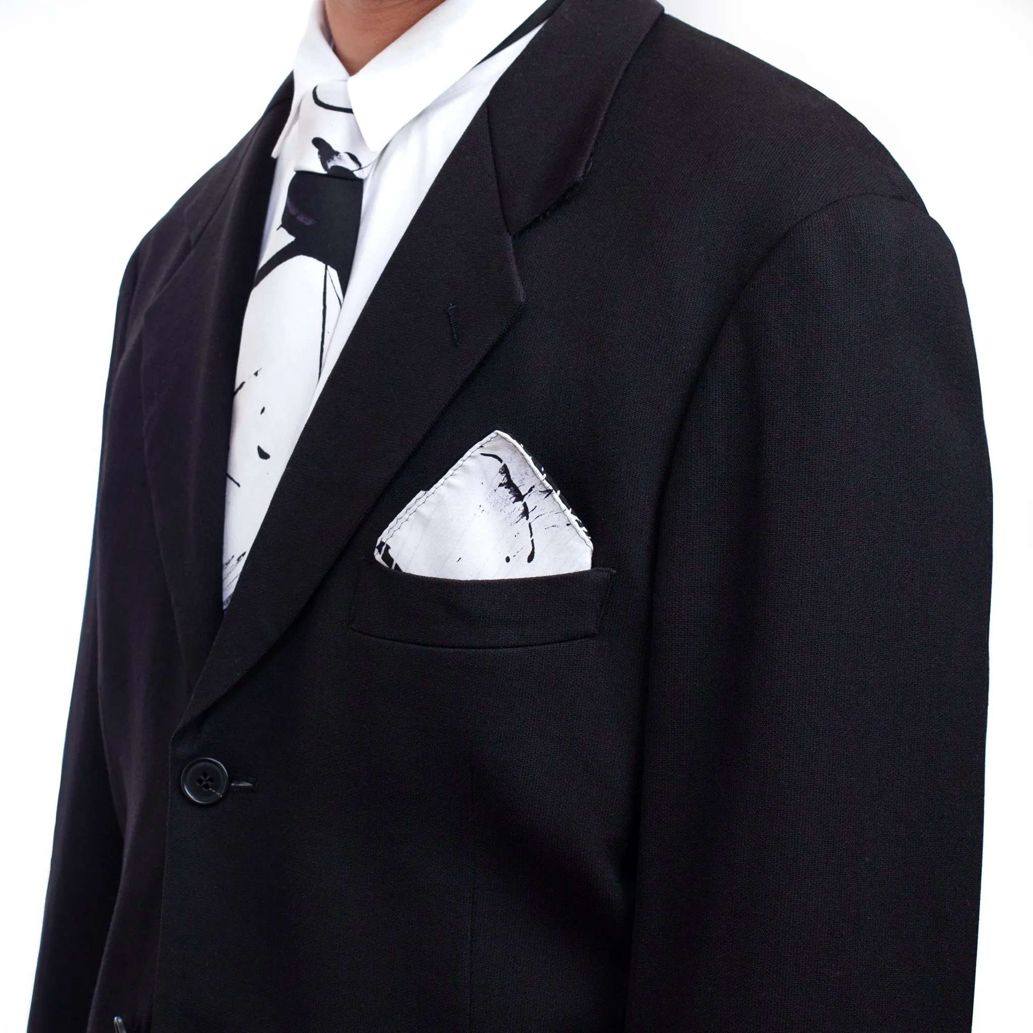 Fancy Black & White Silk Tie & Handkerchief Set