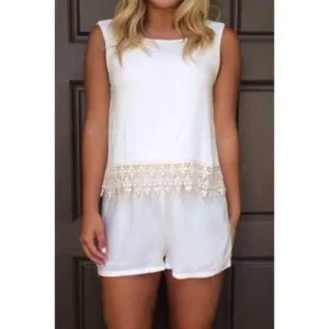 Fashionable Jewel Neck Backless Lace Splicing Sleeveless Romper For Women - White M