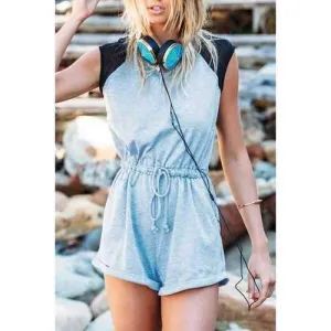 Fashionable Jewel Neck Color Block Tie-Up Short Sleeve Romper For Women - Blue L