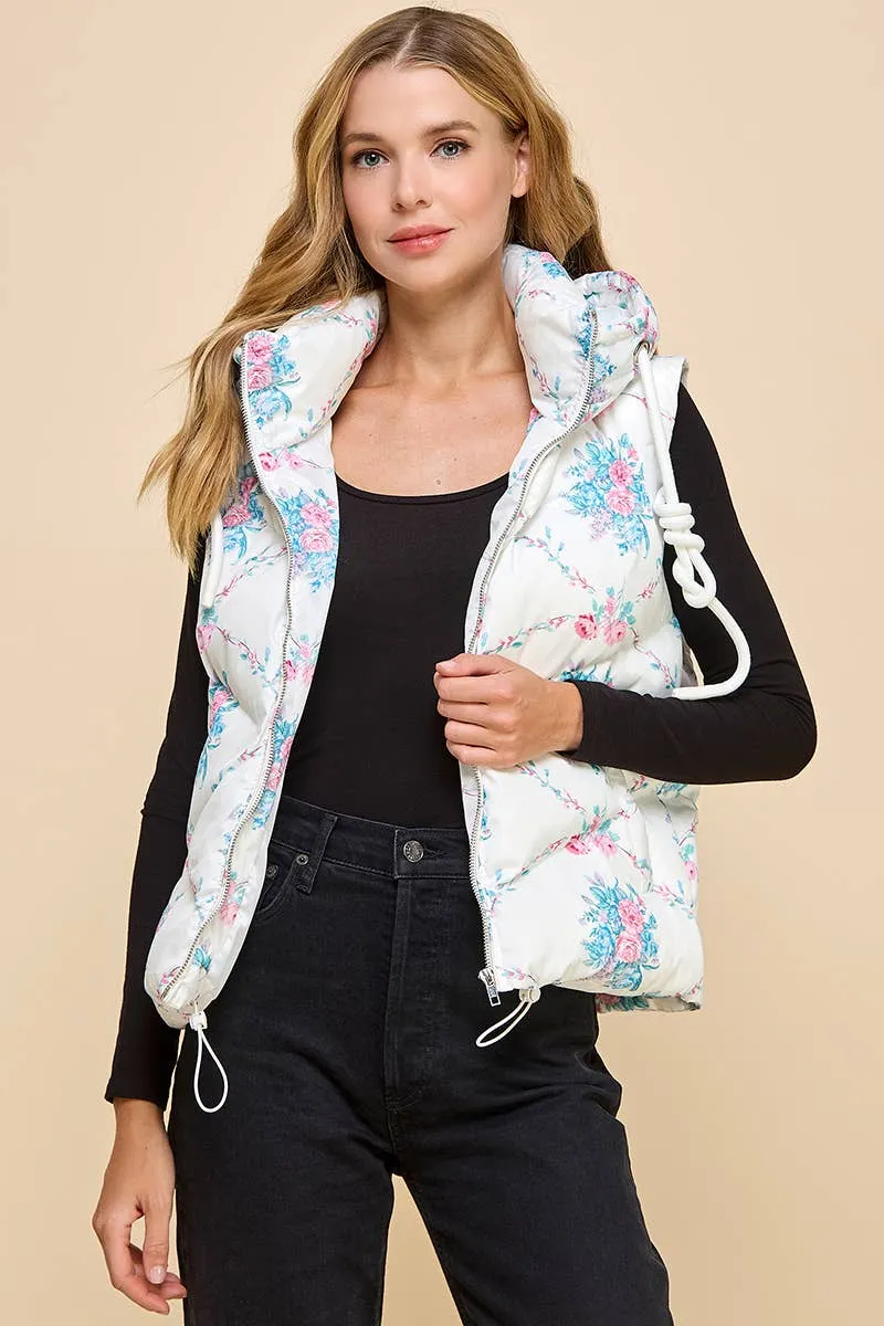 Floral Printed Vest With Hoodie