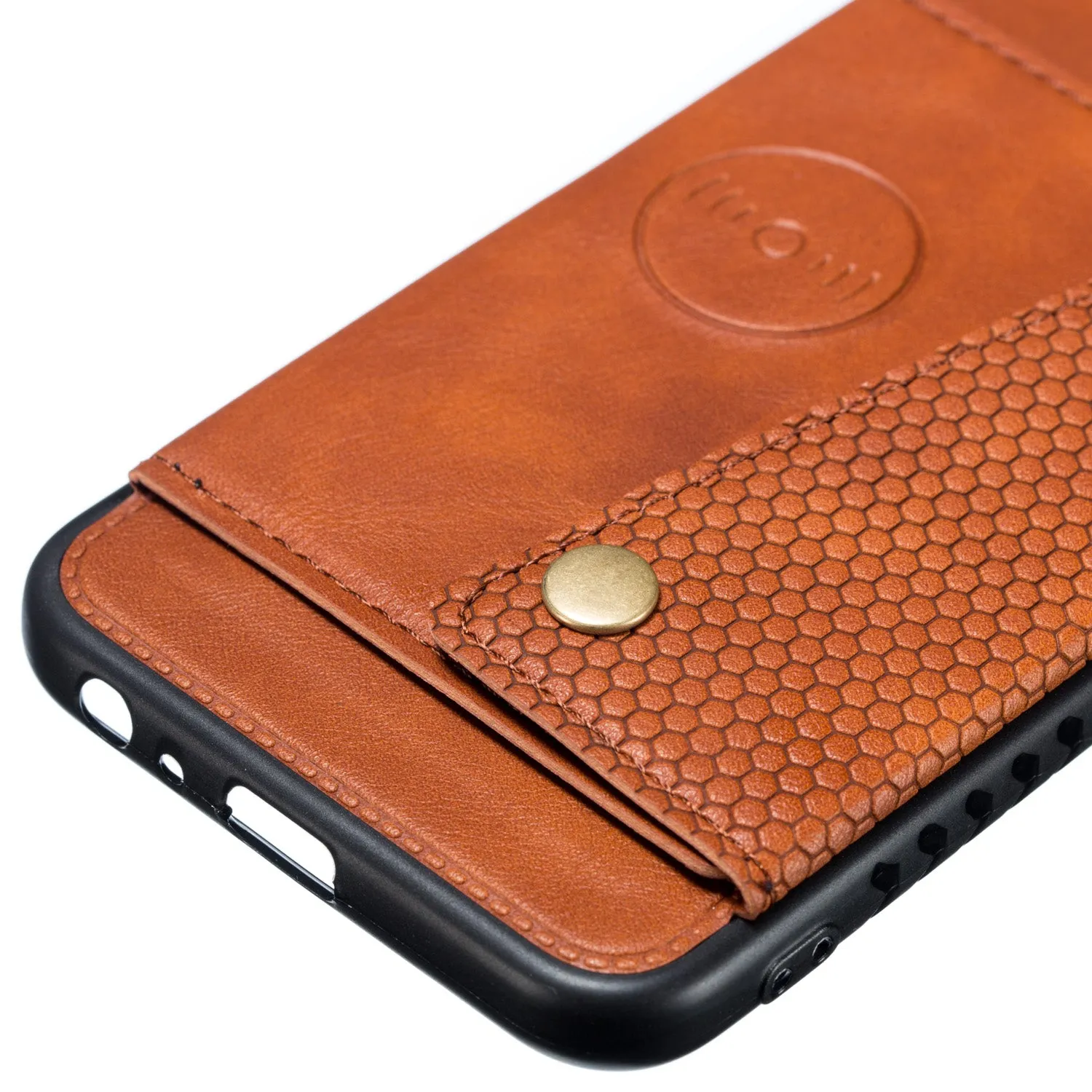 For Samsung J6 PLUS Double Buckle Non-slip Shockproof Cell Phone Case with Card Slot Bracket Light Brown