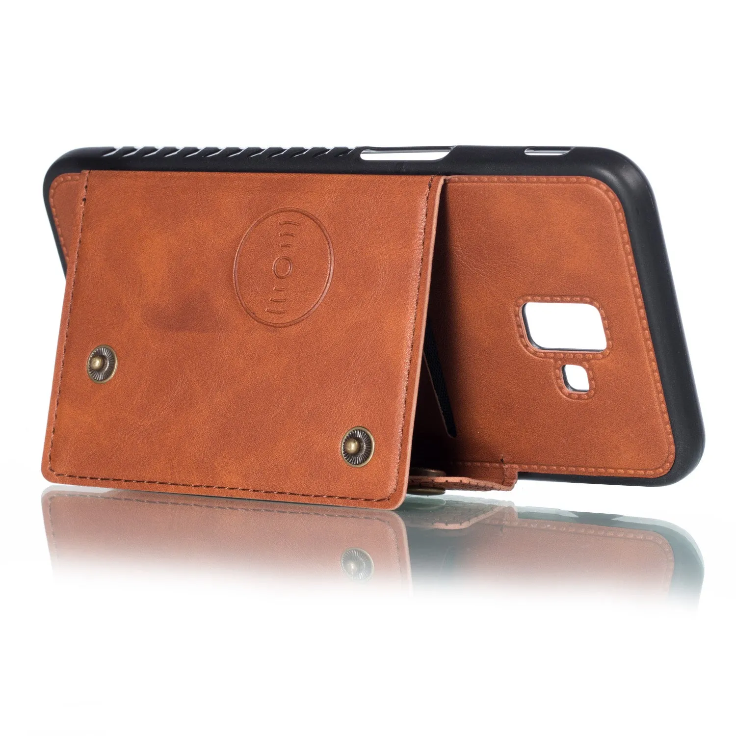 For Samsung J6 PLUS Double Buckle Non-slip Shockproof Cell Phone Case with Card Slot Bracket Light Brown
