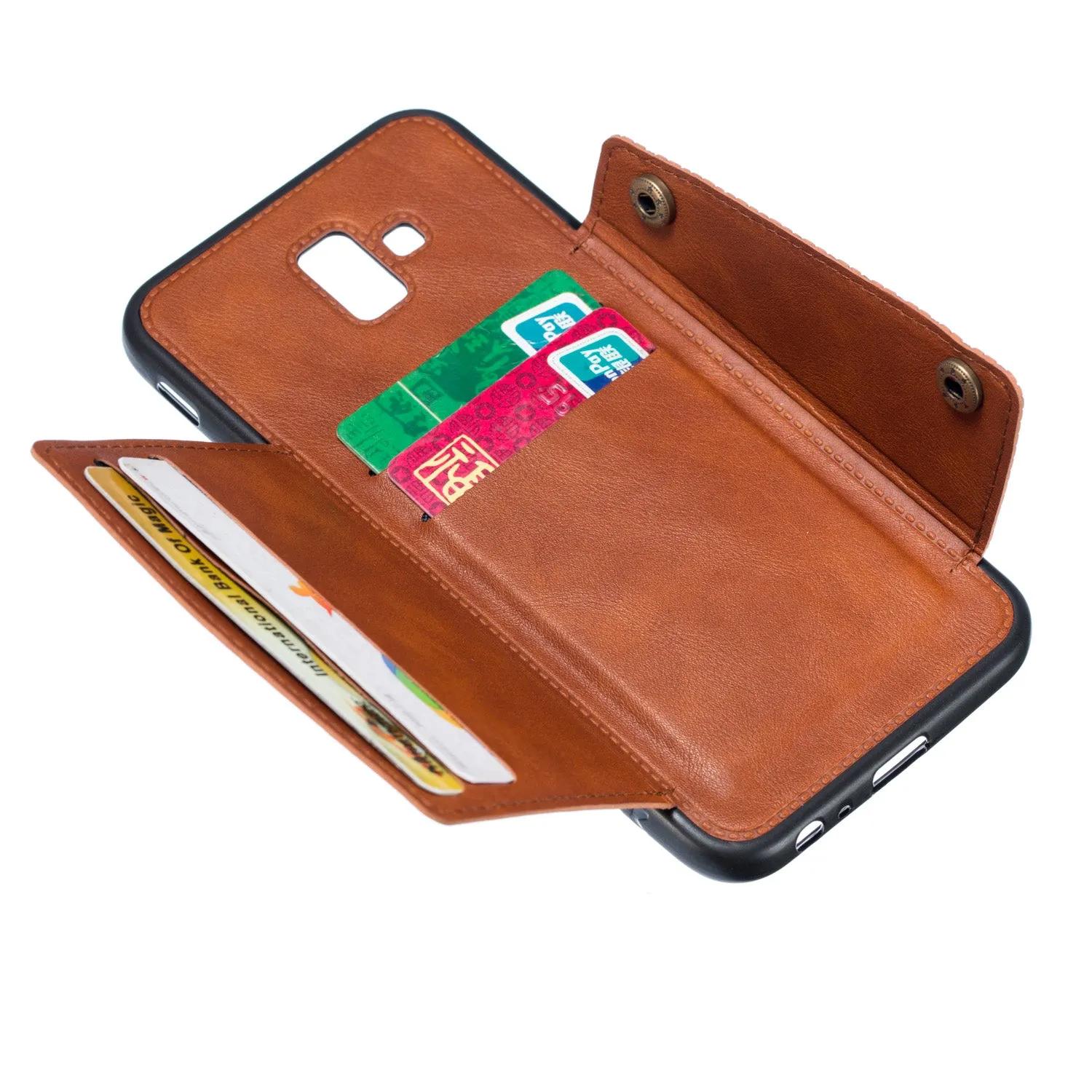 For Samsung J6 PLUS Double Buckle Non-slip Shockproof Cell Phone Case with Card Slot Bracket Light Brown