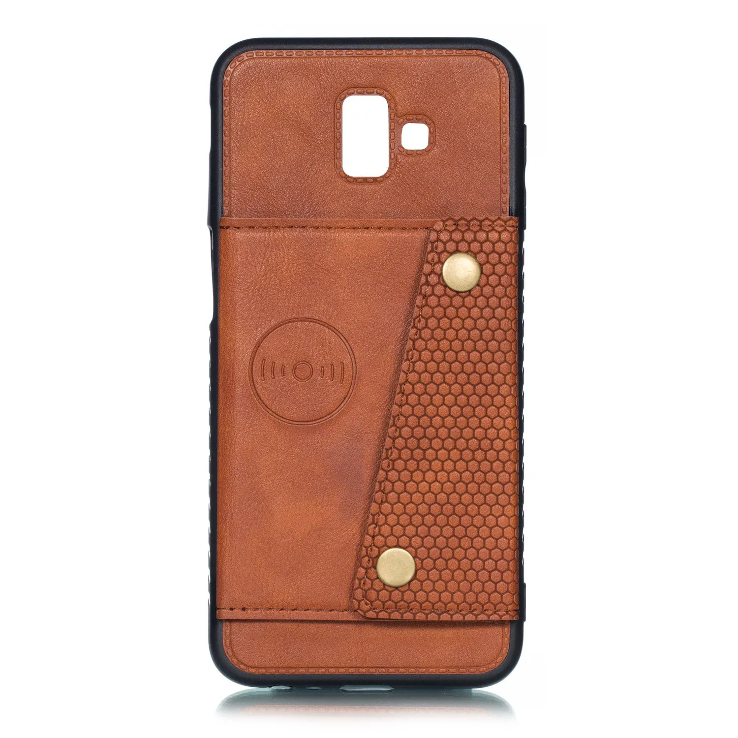 For Samsung J6 PLUS Double Buckle Non-slip Shockproof Cell Phone Case with Card Slot Bracket Light Brown