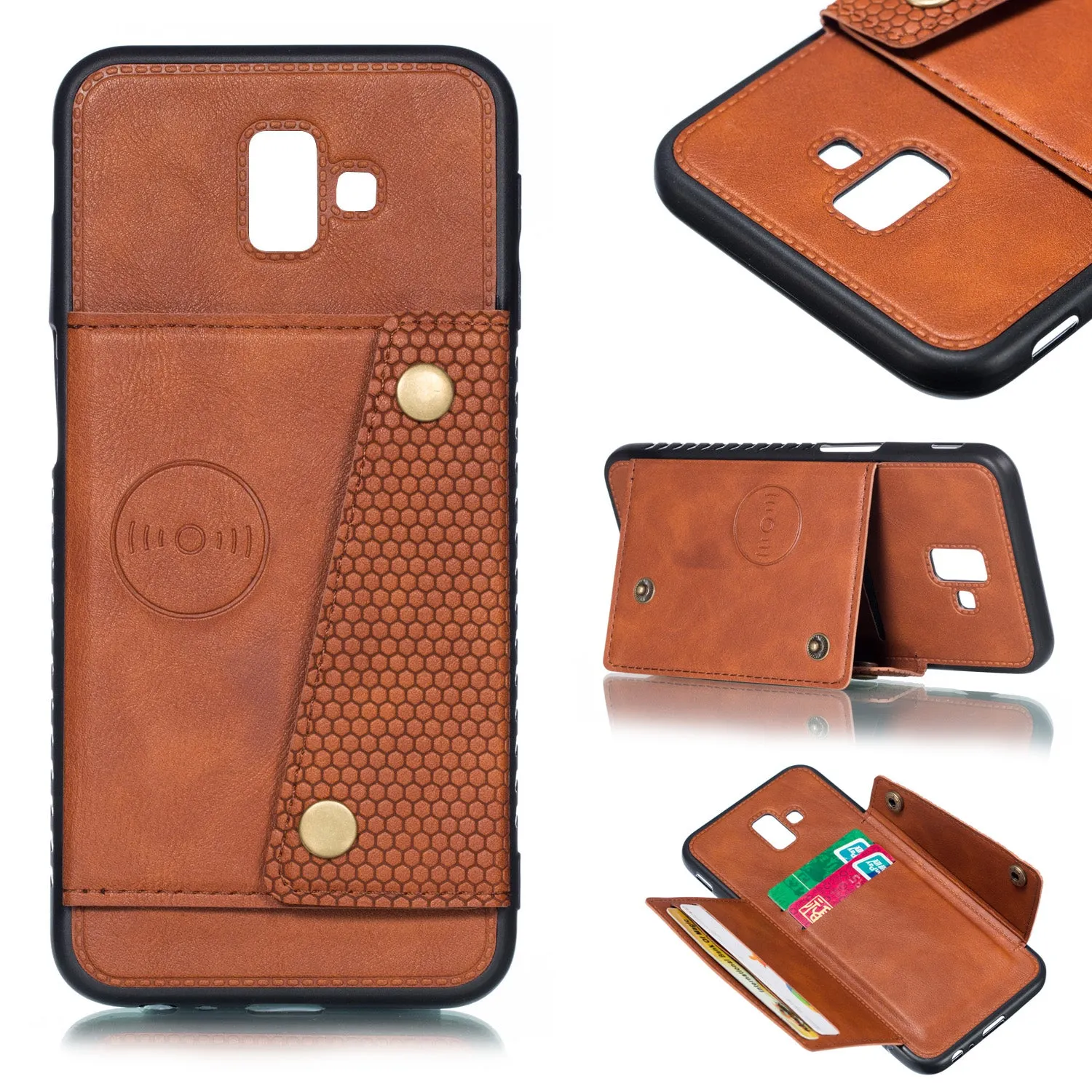 For Samsung J6 PLUS Double Buckle Non-slip Shockproof Cell Phone Case with Card Slot Bracket Light Brown