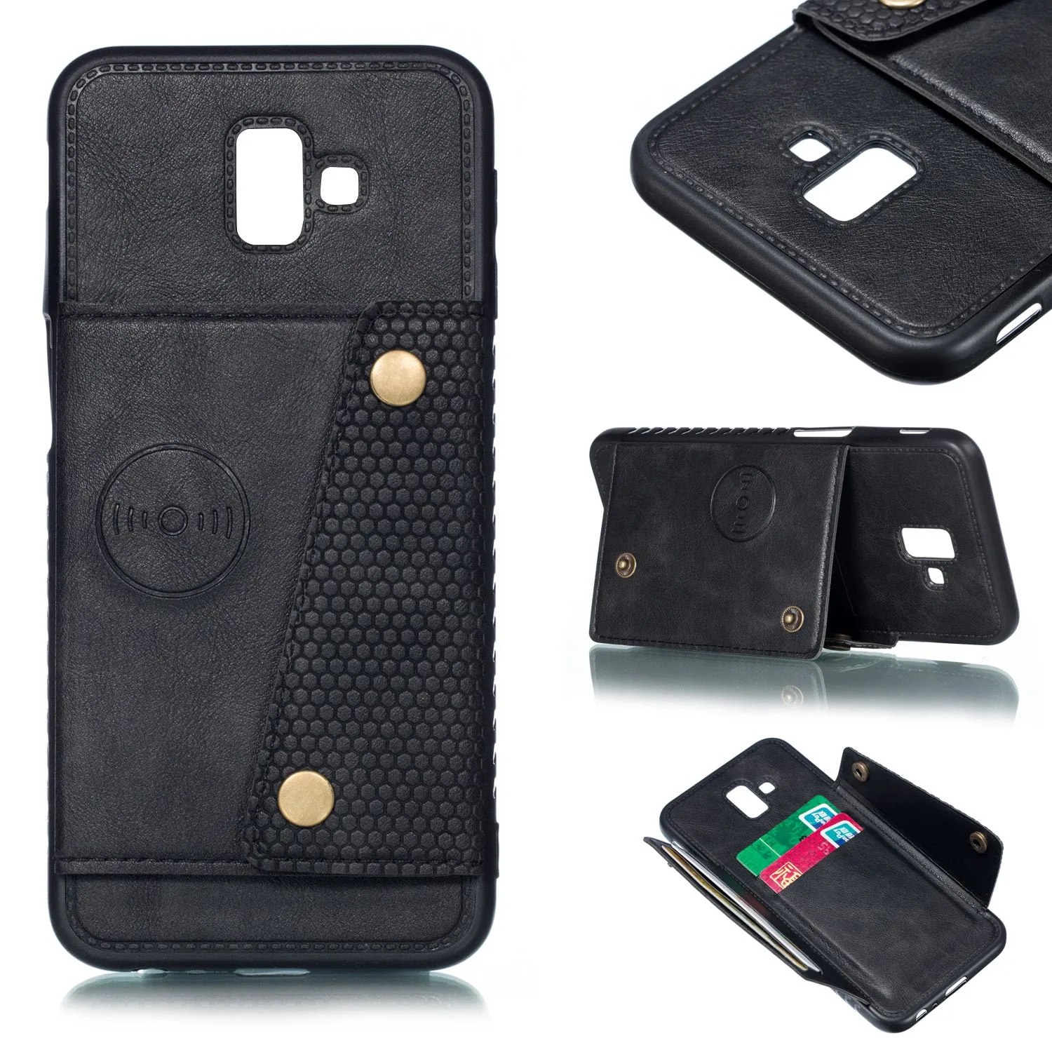 For Samsung J6 PLUS Double Buckle Non-slip Shockproof Cell Phone Case with Card Slot Bracket Light Brown