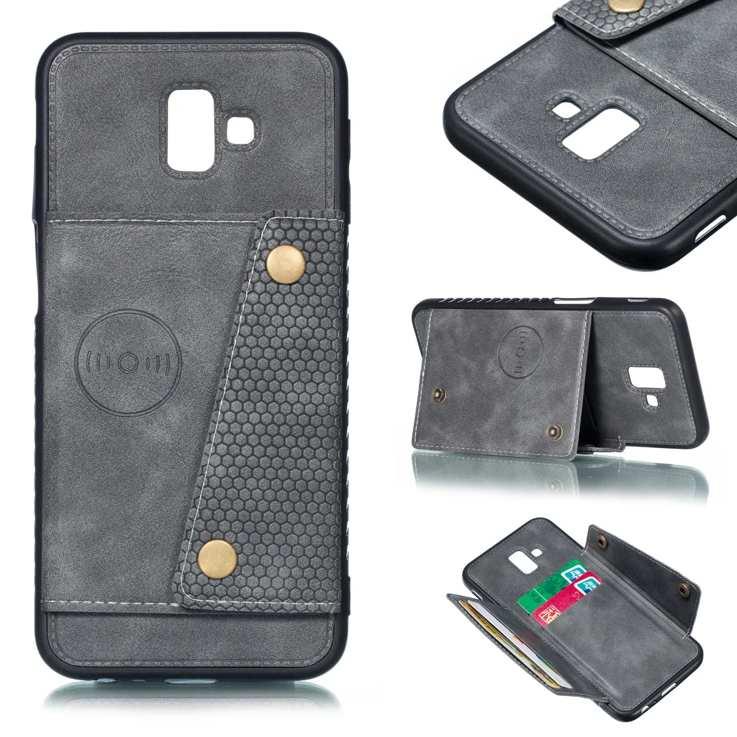 For Samsung J6 PLUS Double Buckle Non-slip Shockproof Cell Phone Case with Card Slot Bracket Light Brown