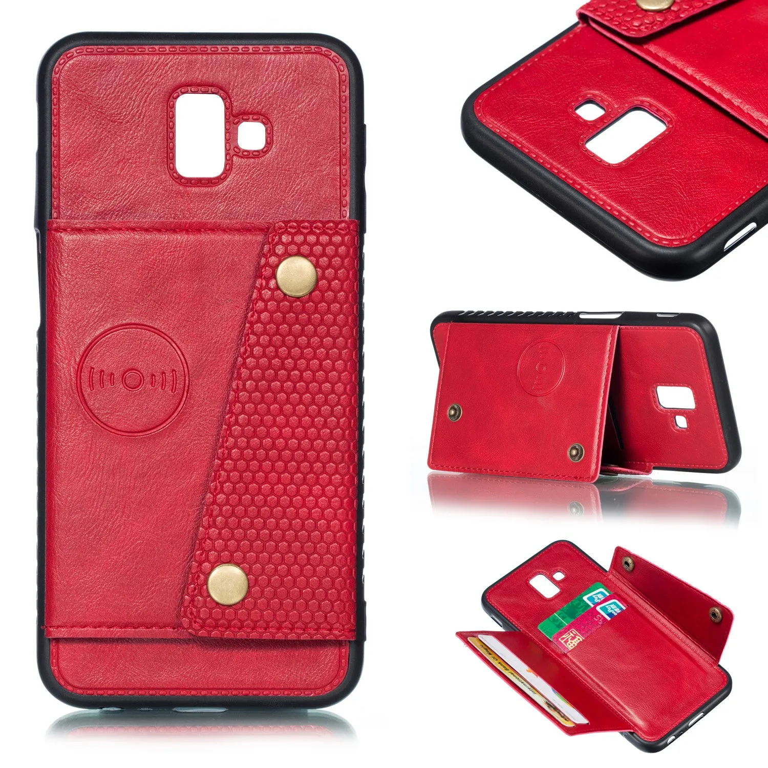 For Samsung J6 PLUS Double Buckle Non-slip Shockproof Cell Phone Case with Card Slot Bracket Light Brown