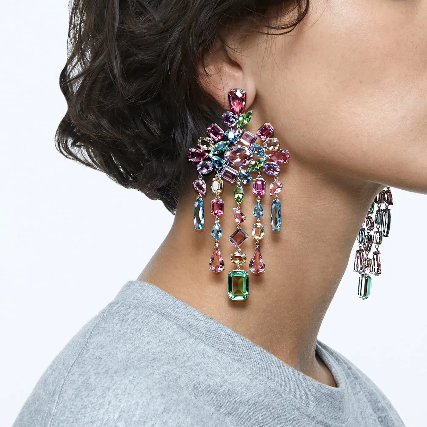 Gema clip earrings Chandelier, Multicolored, Rhodium plated