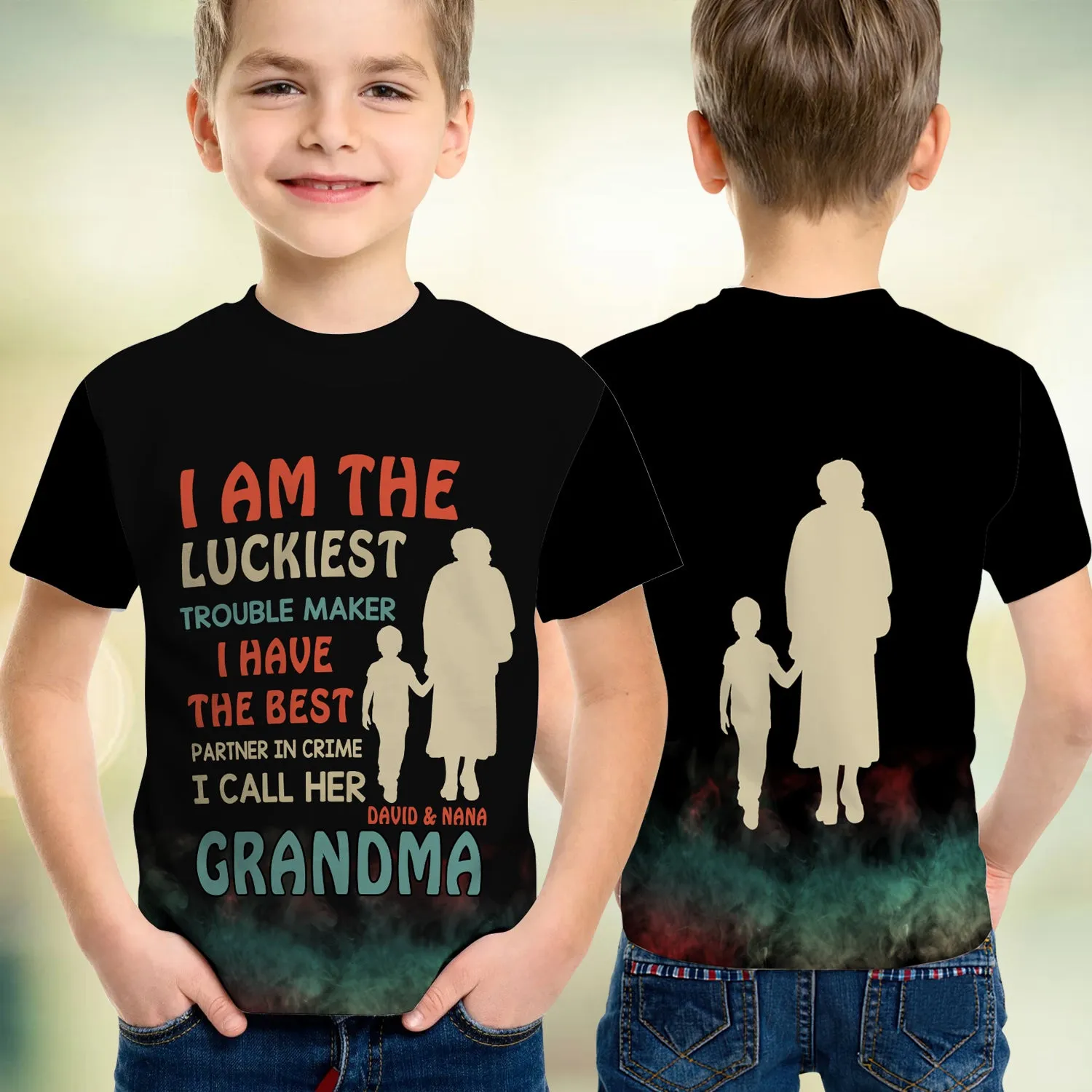 Gift for Grandson I Am The Luckiest Trouble Make Personalized Name 3D Kid Tshirt 772 NA93