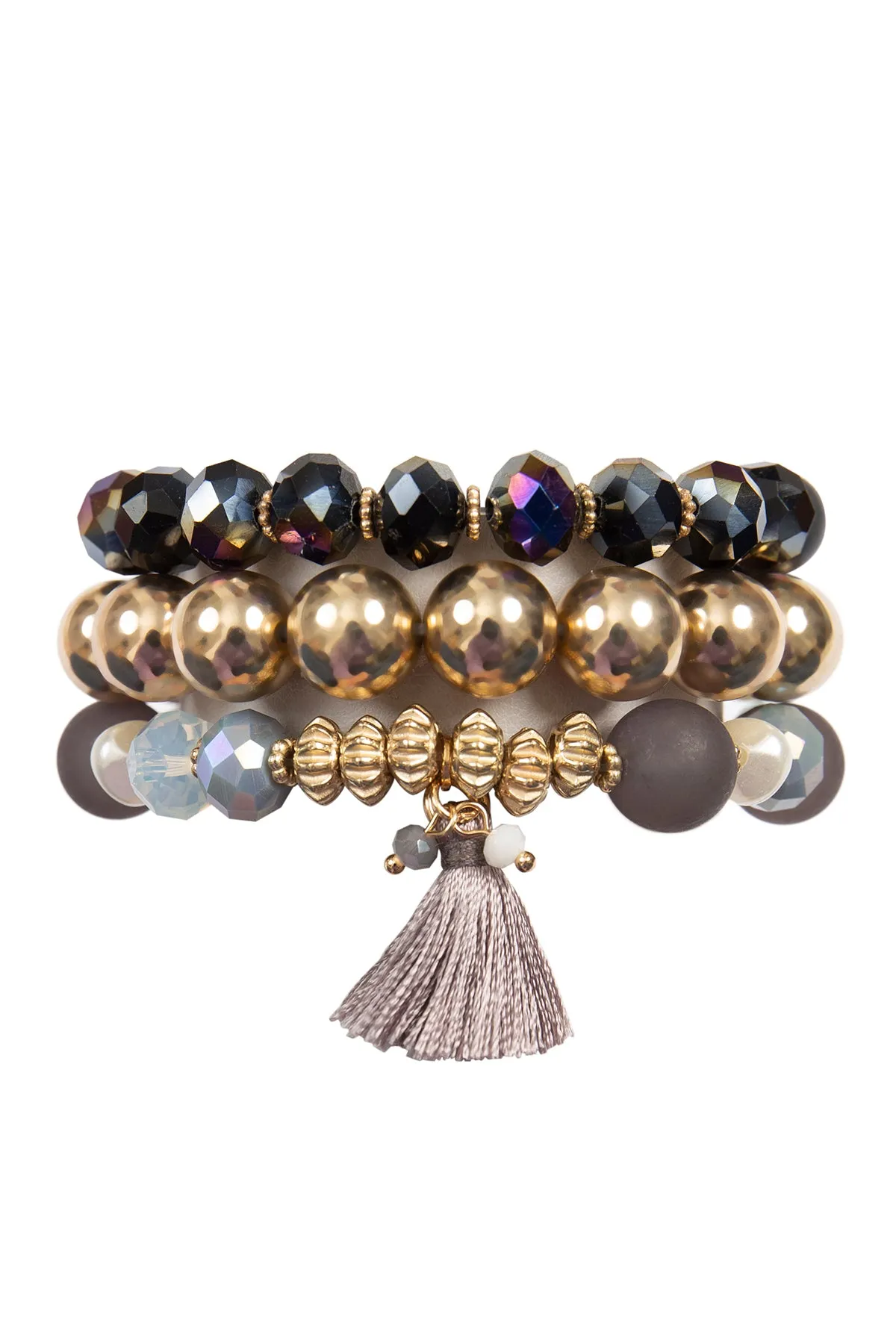 GLASS BEADS CCB, TASSEL PENDANT, LAYERED CHARM BRACELET